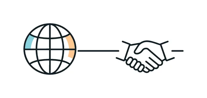 International business collaboration and remote teamwork across borders, a globe icon paired with a minimal handshake symbol connected by a thin line representing