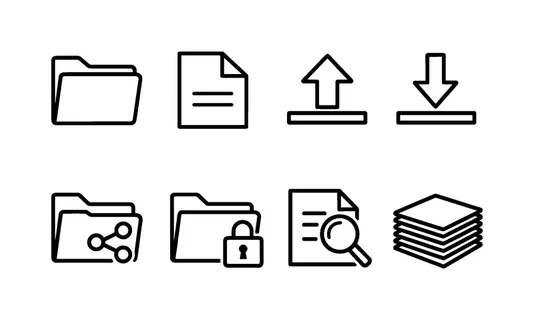 Digital file storage: folder, file document, upload arrow, download arrow, shared folder, locked folder, search file, organized stack.