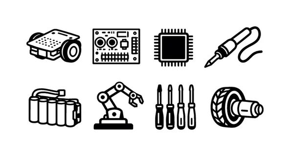 Miniature robotics lab: small robot chassis, circuit board with sensors, microcontroller chip, soldering iron, screwdriver set, battery pack, robotic arm, wheels with motors