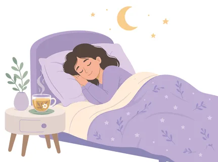 A young woman rests soundly in her bed, a warm cup of chamomile tea sits on her nightstand, promoting relaxation and sleep