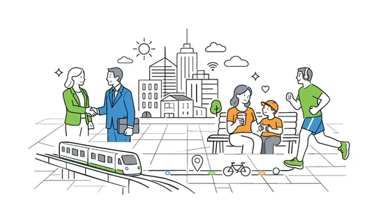 A group of professionals and residents coexisting in a dynamic city landscape, highlighting balance between business, lifestyle, and infrastructure in an urban ecosystem