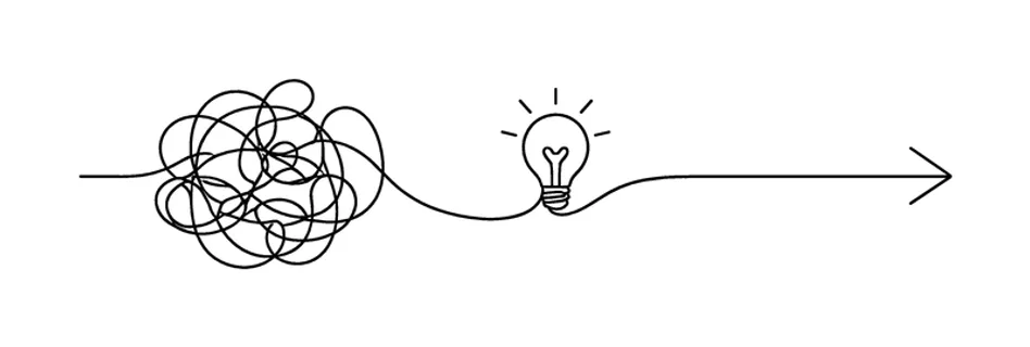 Turning confusion into clear actionable direction in a complex decision making workflow, a continuous line forming a tangled path that smoothly resolves into a straight