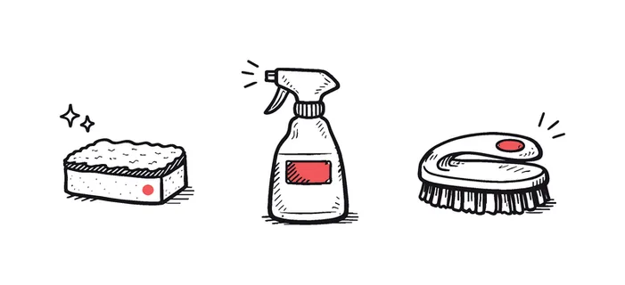 Simple home cleaning essentials theme a horizontal row of 3 related hand-drawn objects on a white background: a small sponge with a tiny pink dot detail, a simple spray