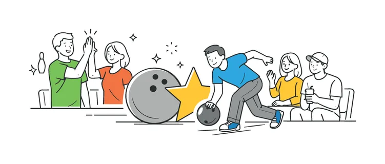 A leisure lifestyle concept where individuals unwind through a bowling activity in a relaxed environment, visualized by a small group near a simple bowling ball and star