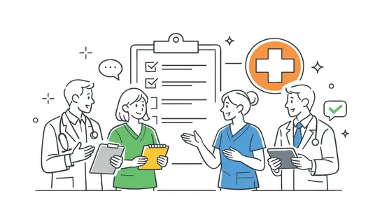 A hospital teamwork environment where doctors and nurses discuss treatment plans and share responsibilities, illustrated by a small group interacting near a simple