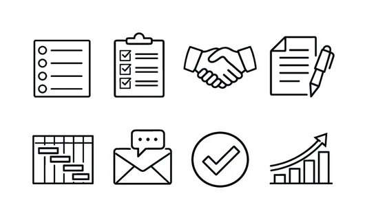 Sales pipeline process: lead list, qualification checklist, handshake, proposal document, timeline chart, follow up message, deal closing checkmark, growth graph.