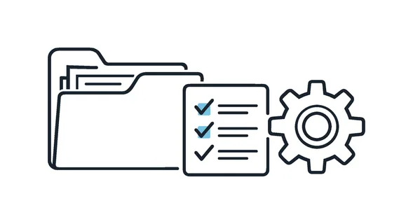 Digital workspace organization and tidy document management during daily professional tasks, a clean folder icon beside a small checklist and a gear forming a clear visual metaphor