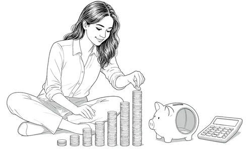 A woman sits cross-legged, meticulously stacking coins to form a growing financial graph, symbolizing savings and investment strategies