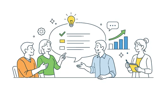 A team feedback and performance discussion scene featuring a small group exchanging insights around a large speech bubble and a chart, using a simple visual metaphor of