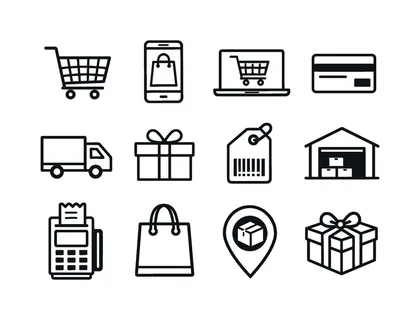 Online shopping e-commerce: shopping cart, smartphone with shopping bag, laptop with shopping cart, credit card, package box, delivery truck, shopping bag, barcode tag, parcel with