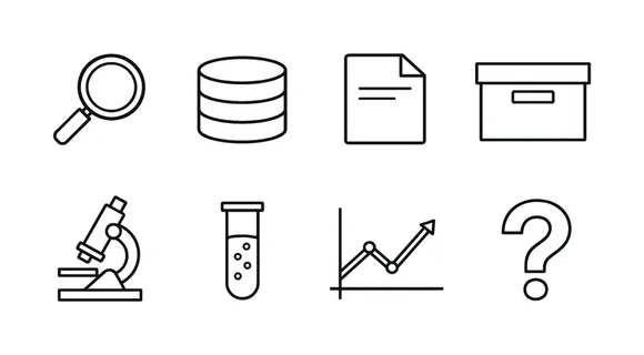 Information and research: search magnifier, database cylinder, document file, archive box, microscope, test tube, analytics chart, question mark.