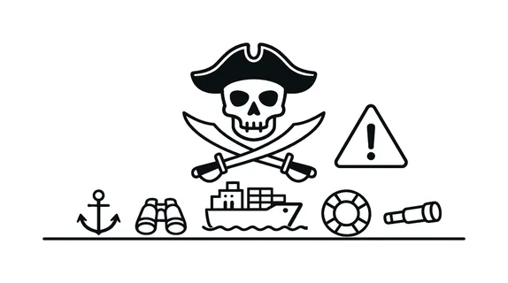 Maritime threat warning representing piracy risks and security concerns for ships transporting cargo across international sea routes, a skull icon, a pirate hat silhouette, a small