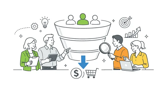A business marketing scenario where professionals analyze and optimize a sales funnel to convert potential customers into buyers, shown through a small group interacting