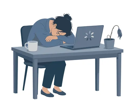 A tired woman rests her head on her arms at a desk, exhausted from work, with a wilting plant nearby