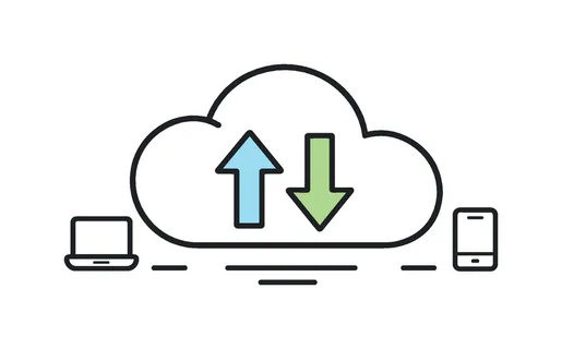 Online data storage and remote access in business and personal use, a cloud icon paired with an upward and downward arrow representing upload and download processes,