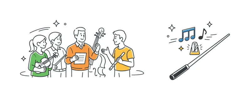 A rehearsal environment where orchestra members practice and synchronize their performance under guidance, illustrated by a small group gathered near a simple conductor