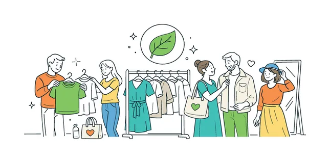 Sustainable fashion lifestyle scene showing a small group of people choosing and wearing eco-friendly clothing in a conscious shopping environment, with a clothing rack