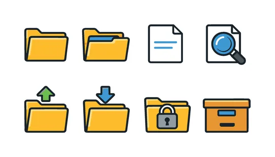 File management system: folder, open folder, file document, file search magnifying glass, upload to folder, download from folder, folder lock, archive box