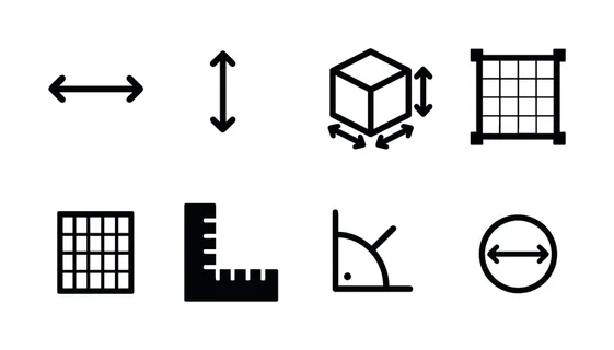 Dimension and sizing: width arrows, height arrows, depth cube, resize frame, grid measurement, dimension lines, angle indicator, precision mark.