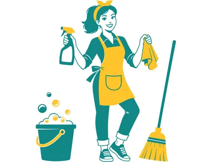 A cheerful woman with a bandana and apron stands with a spray bottle, cloth, broom, and bucket of suds, symbolizing household chores and tidiness