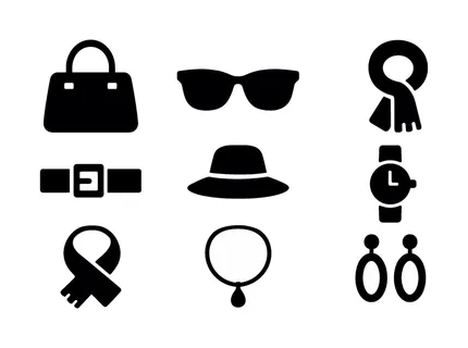 Fashion accessories set: handbag, sunglasses, hat, belt, scarf, watch, necklace, earrings.