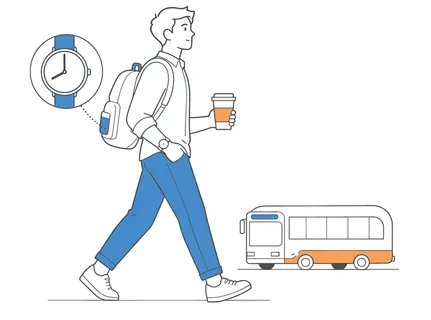 A young man in casual attire is depicted walking with a backpack and a coffee cup, glancing at his wristwatch as a bus approaches