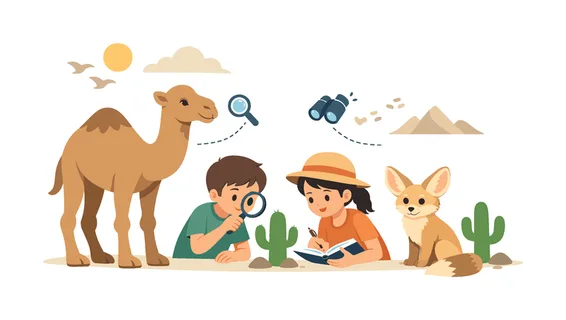 A wildlife nature learning scene inspired by educational chalkboard drawings used to teach children about desert ecosystems, represented with chalk style illustrations of a camel