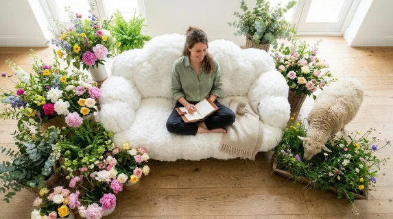 an overhead view captures the therapist on the plush cloud sofa, surrounded by lush floral arrangements and a sheep grazing peacefully nearby, creating a whimsical