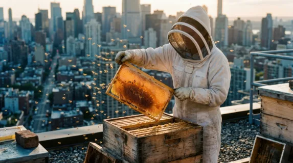 A rooftop beekeeper at work above a dense urban skyline, lifting a full honeycomb frame from a wooden hive box, comb backlit by afternoon sun glowing translucent amber,