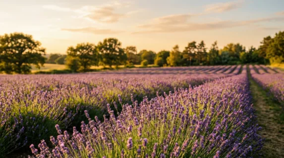 a wide shot captures a serene outdoor scene with vibrant lavender flowers prominently in the foreground, their rich purple hues contrasting against the warm natural tones