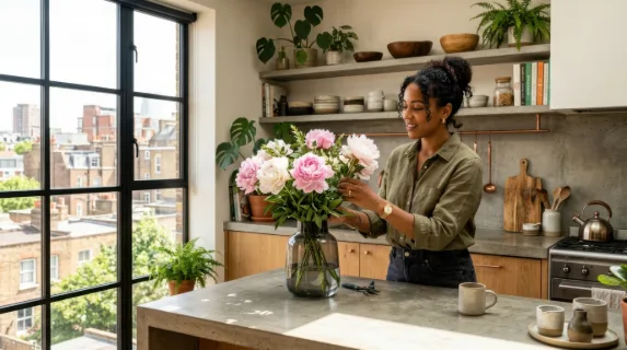 in a cozy, sunlit kitchen, a 30-year-old black female interior designer is carefully arranging oversized peonies in a sleek vase. the scene captures the entire kitchen