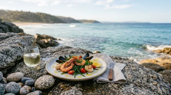 a serene coastal scene showcasing a beautifully arranged minimalist seafood dish on textured rocks, vibrant colors of the fresh seafood contrasting with soft blue ocean