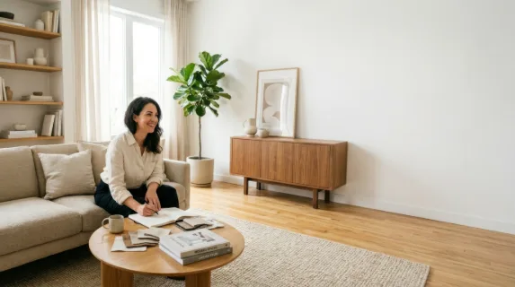 a graphic shot of the living room space featuring the designer on one side, with generous negative space on the opposite side for text overlay. the minimalist decor