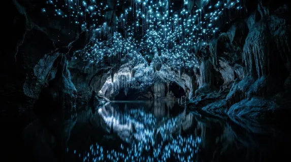 An ancient cave system interior illuminated only by clusters of glowworm bioluminescence, thousands of tiny blue-white lights covering the stalactite ceiling like an