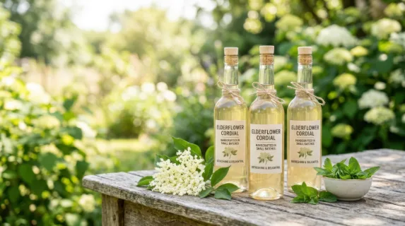 a bold, graphic composition focused on glass bottles of elderflower cordial placed on a rustic garden table. the image features a minimalistic design with crisp whites