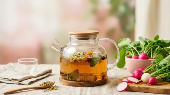a bold, clean composition focuses on the clear glass teapot filled with herbal tea, surrounded by pastels and vibrant radishes, all captured in controlled softbox