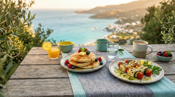 boldly showcasing the vibrant breakfast table, the scene emphasizes fluffy pancakes and grilled halloumi skewers with generous space on either side for copy. the coastal