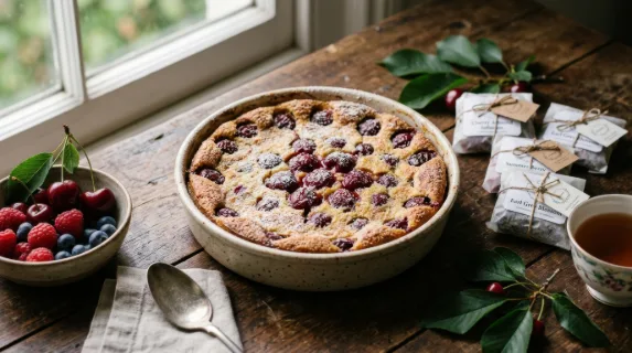 a close-up view focuses on the texture of the freshly baked cherry clafoutis, highlighting its golden crust and juicy filling. surrounding it, artfully arranged tea