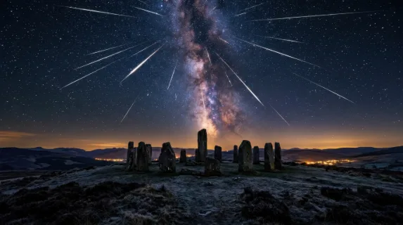 A meteor shower above an ancient stone circle on a remote hilltop, dozens of bright white streaks radiating from a single vanishing point overhead, long-exposure light