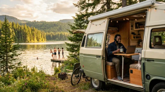 a cozy campervan nestled by a serene lakeside, a 29-year-old black male remote worker sits inside, enjoying a steaming cup of coffee while engaged in a video call
