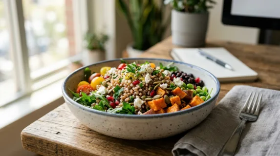 a close-up detail shot of the contemporary bowl filled with a neatly arranged grain salad sitting on the desk, showcasing the vibrant colors and textures. natural light