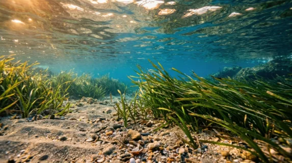 a low-angle perspective capturing the serene underwater landscape with seagrass gracefully moving with the current, while pebbles and sand create a grounded base. the