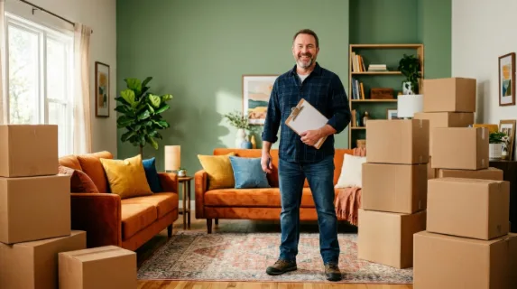 a graphic commercial shot of the stager standing proudly in the vibrant living room, surrounded by boxes and labels, embodying the suburban lifestyle. the composition