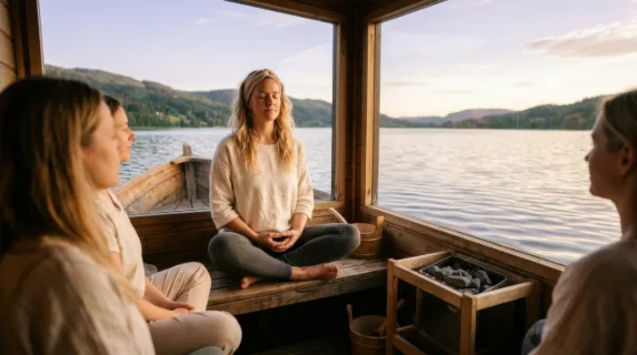 a serene wellness coach, a 30-year-old caucasian female, is positioned centrally on a tranquil boat, leading a sauna session with a calm expression and relaxed posture.