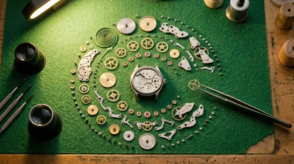 A precision watchmaker's bench photographed from directly above, a movement in mid-disassembly with dozens of components laid out in exact radial order around the empty