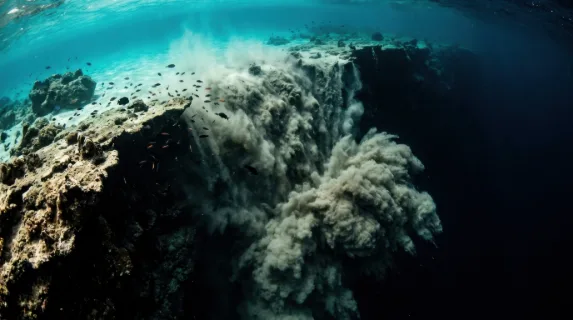 A massive underwater avalanche of sand cascading down the edge of a continental shelf into the abyss, the sediment cloud billowing outward as it falls into darkness, the
