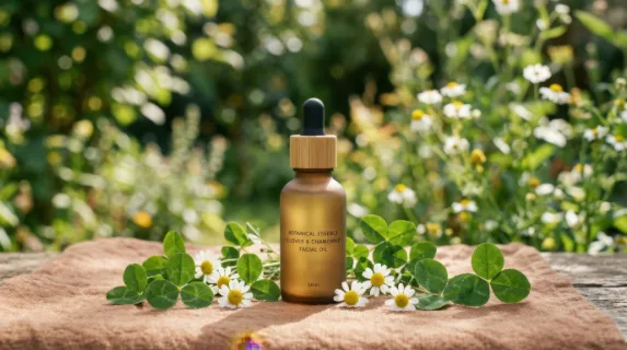 a frosted dropper jar stands centrally on a soft, earthy brown surface, surrounded by fresh clover and chamomile in an artful arrangement. the scene is illuminated by
