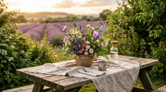 an intimate detail shot of a rustic picnic table draped with a simple cloth, showcasing a freshly arranged centerpiece of vibrant flowers. the lush greenery surrounding