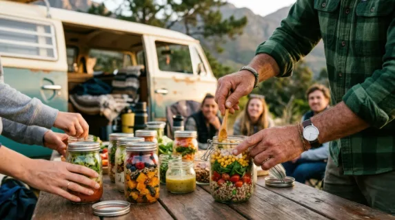 a close-up of the hiker's hands as he demonstrates how to prepare healthy picnic ingredients, colorful glass jars artfully arranged on a table outside the campervan. the