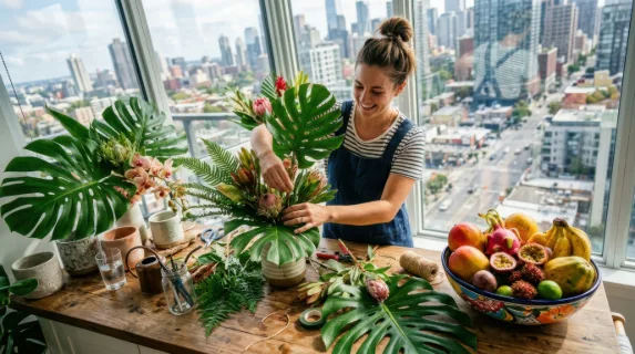 an overhead view of the florist joyfully working among the vivid monstera leaves on the kitchen counter, highlighting the colorful dish of tropical fruits nearby. the